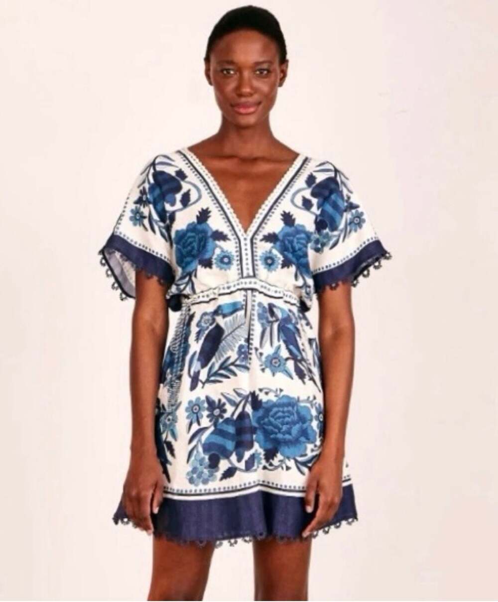 FARM Rio Blue Floral Print V-Neck Mini Dress with Pom Pom Trim sz M